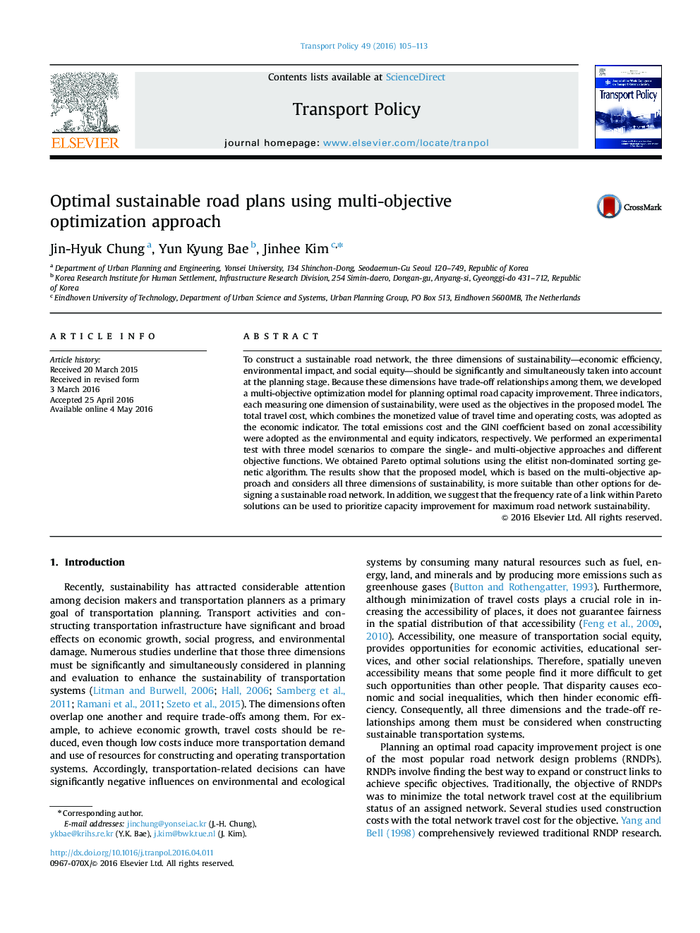 Optimal sustainable road plans using multi-objective optimization approach