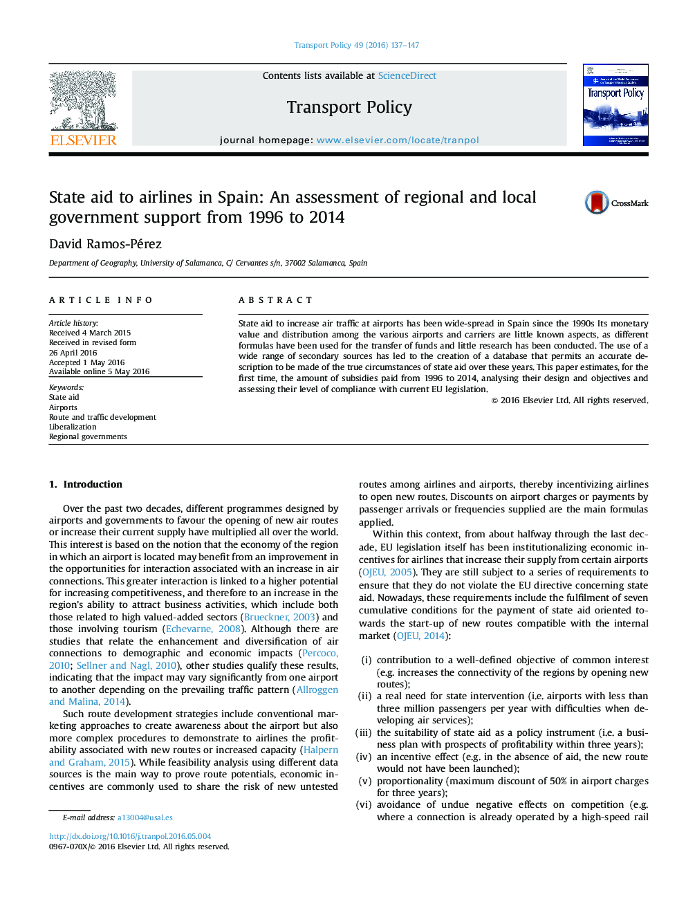 State aid to airlines in Spain: An assessment of regional and local government support from 1996 to 2014