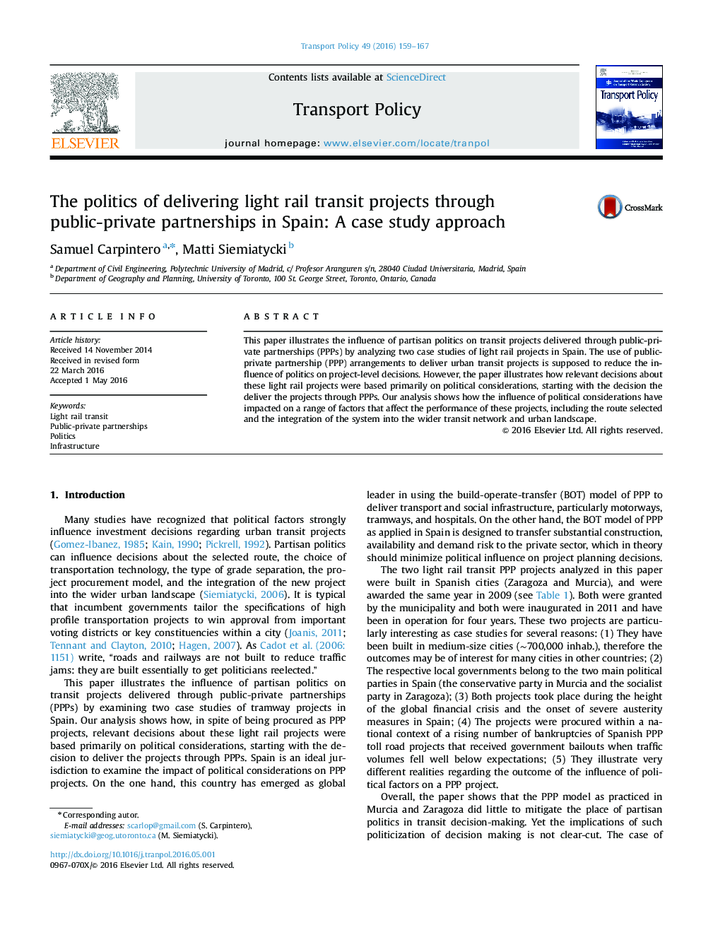 The politics of delivering light rail transit projects through public-private partnerships in Spain: A case study approach