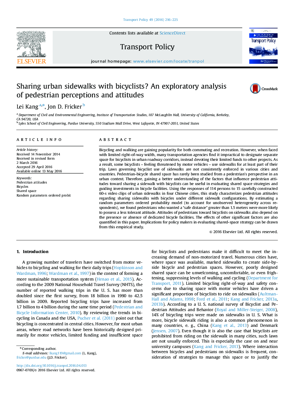 Sharing urban sidewalks with bicyclists? An exploratory analysis of pedestrian perceptions and attitudes