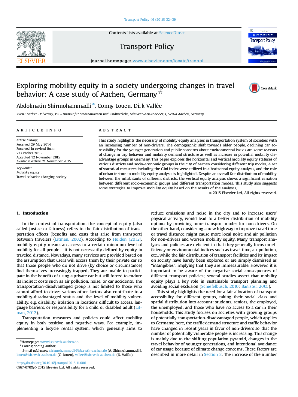 Exploring mobility equity in a society undergoing changes in travel behavior: A case study of Aachen, Germany 