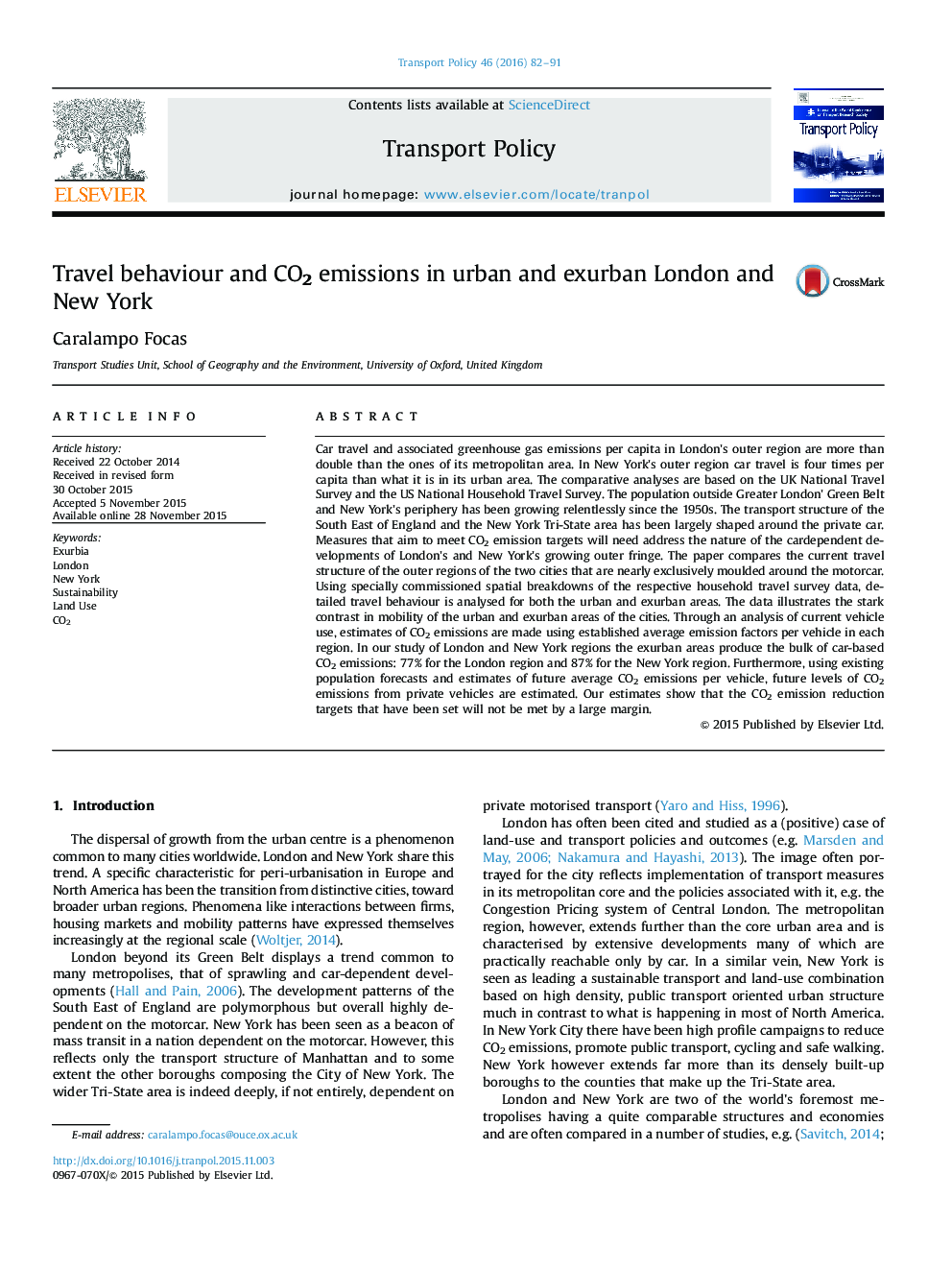 Travel behaviour and CO2 emissions in urban and exurban London and New York