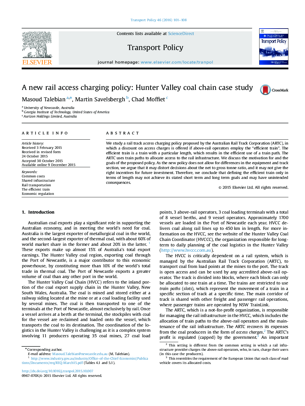 A new rail access charging policy: Hunter Valley coal chain case study