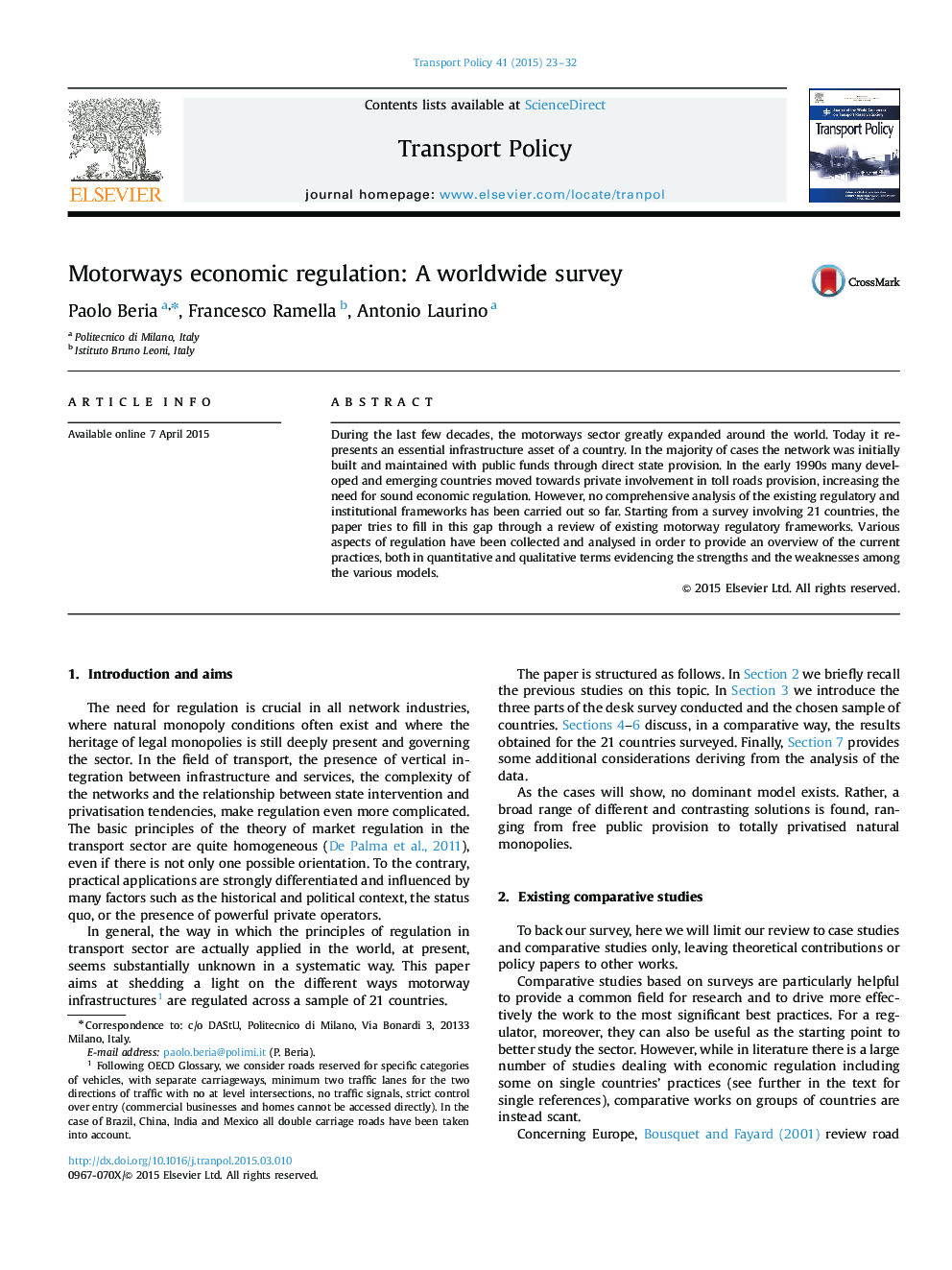 Motorways economic regulation: A worldwide survey