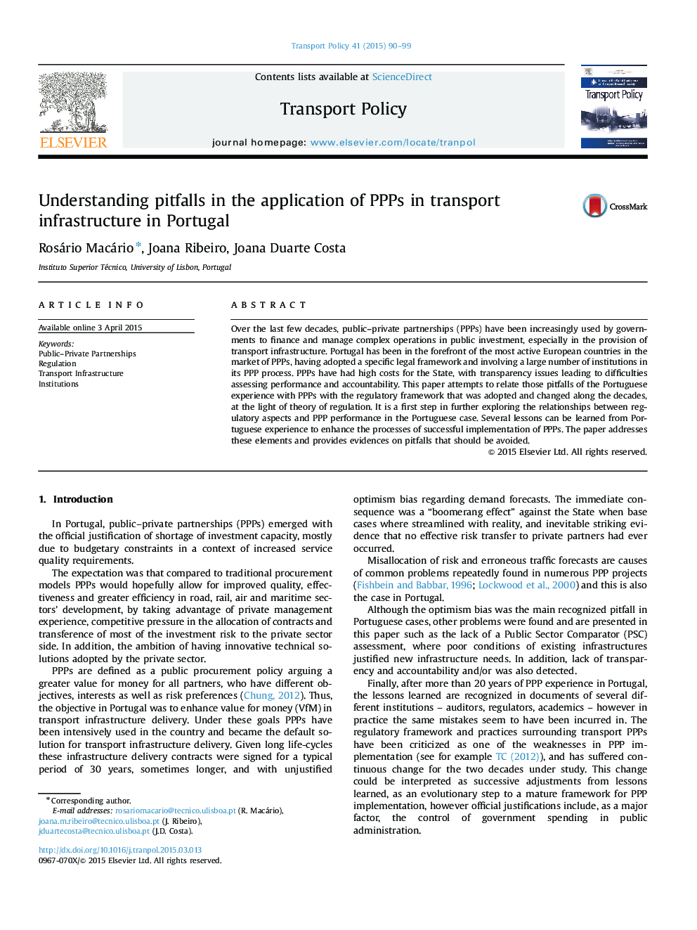 Understanding pitfalls in the application of PPPs in transport infrastructure in Portugal