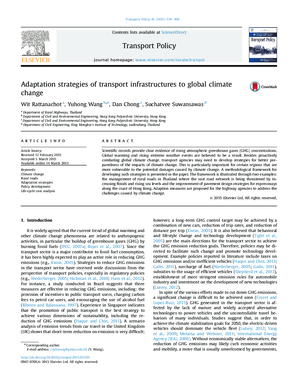 Adaptation strategies of transport infrastructures to global climate change