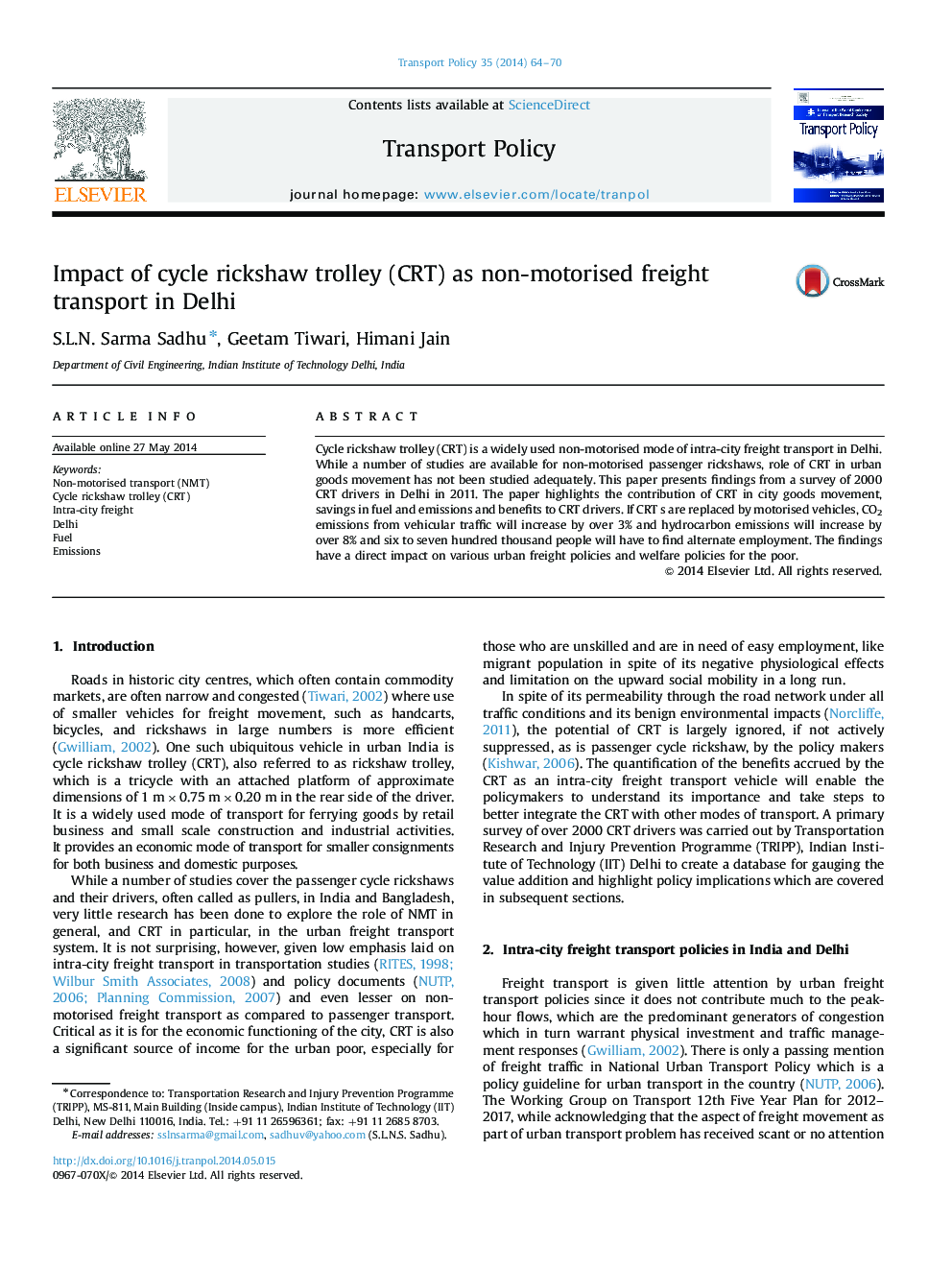 Impact of cycle rickshaw trolley (CRT) as non-motorised freight transport in Delhi