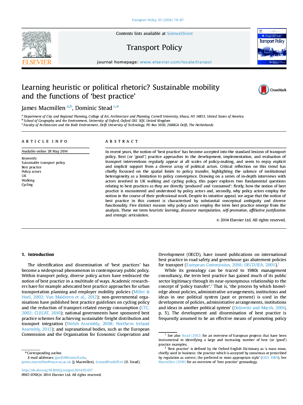 Learning heuristic or political rhetoric? Sustainable mobility and the functions of ‘best practice’