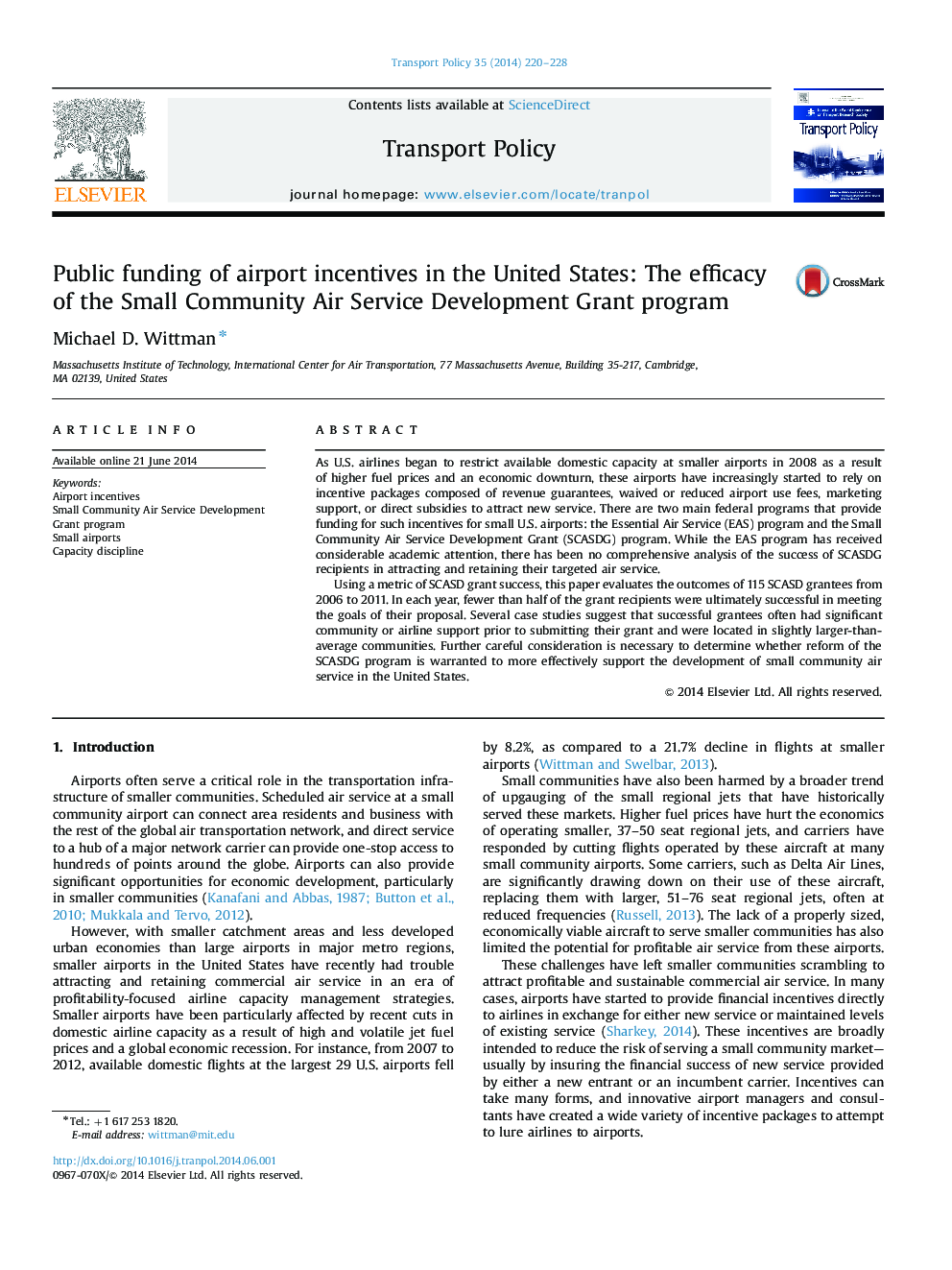Public funding of airport incentives in the United States: The efficacy of the Small Community Air Service Development Grant program