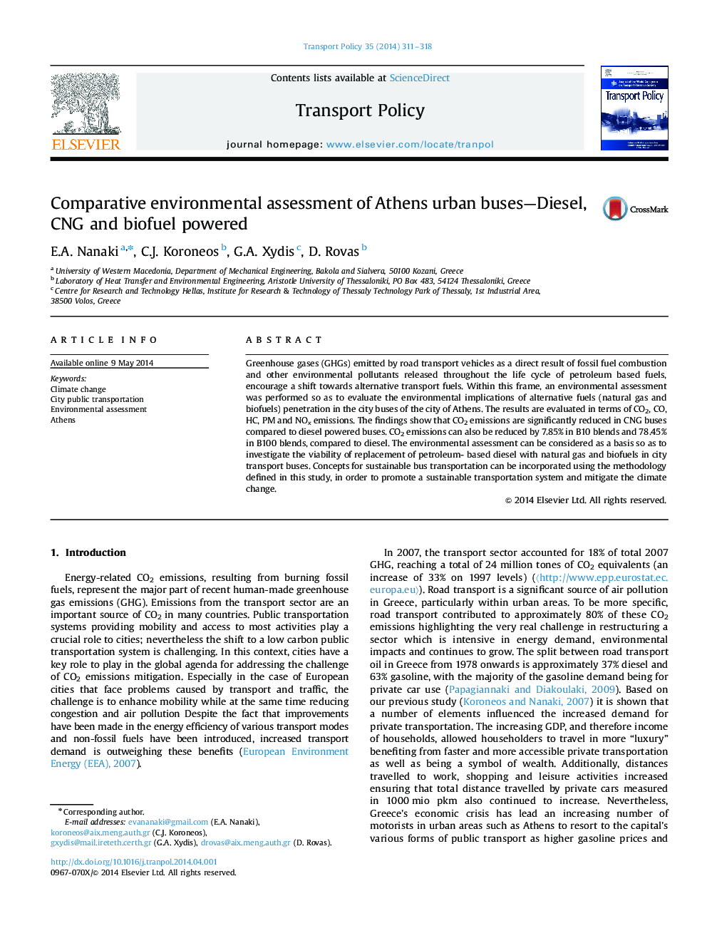 Comparative environmental assessment of Athens urban buses—Diesel, CNG and biofuel powered