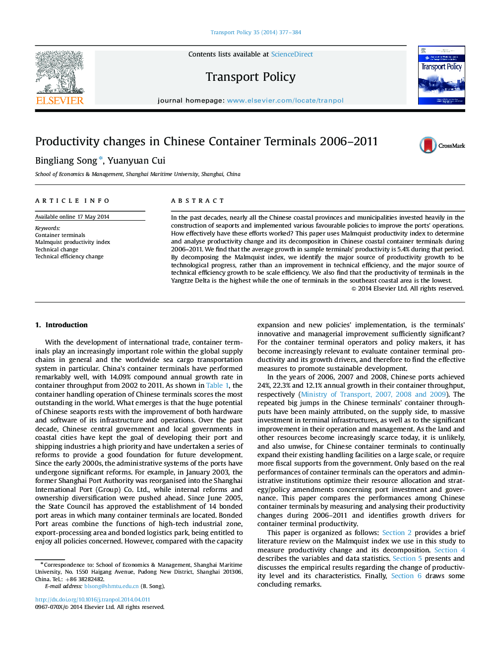 Productivity changes in Chinese Container Terminals 2006–2011