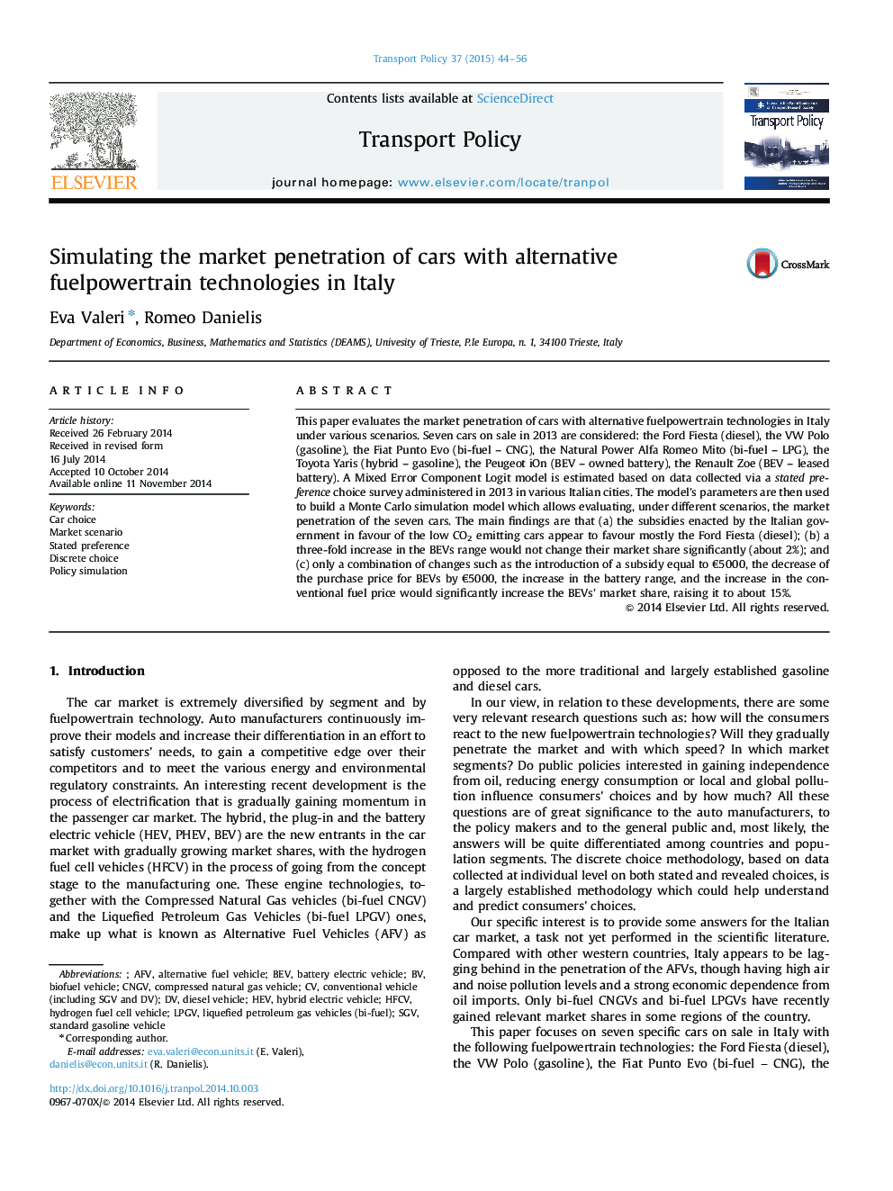 Simulating the market penetration of cars with alternative fuelpowertrain technologies in Italy