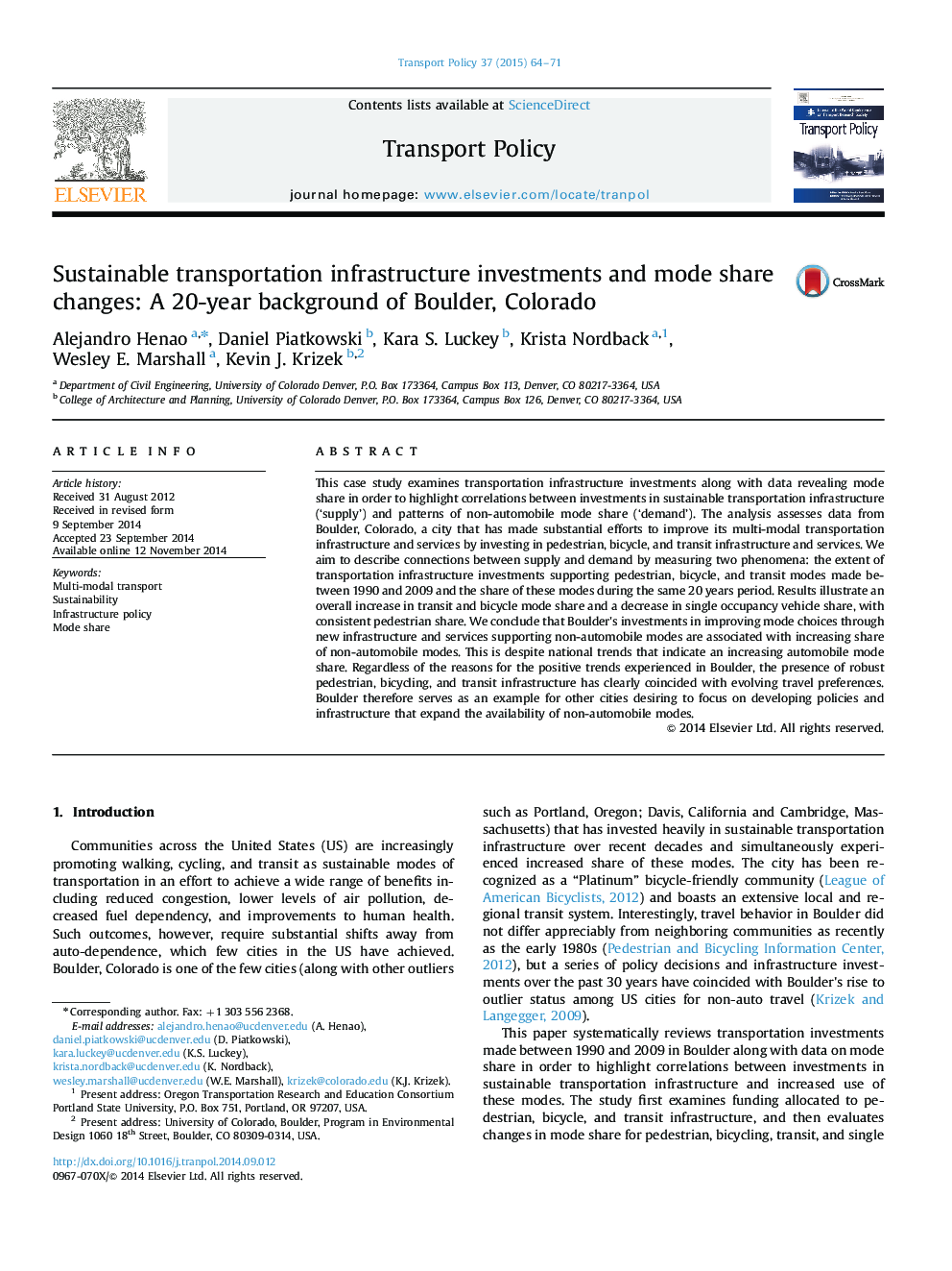 Sustainable transportation infrastructure investments and mode share changes: A 20-year background of Boulder, Colorado