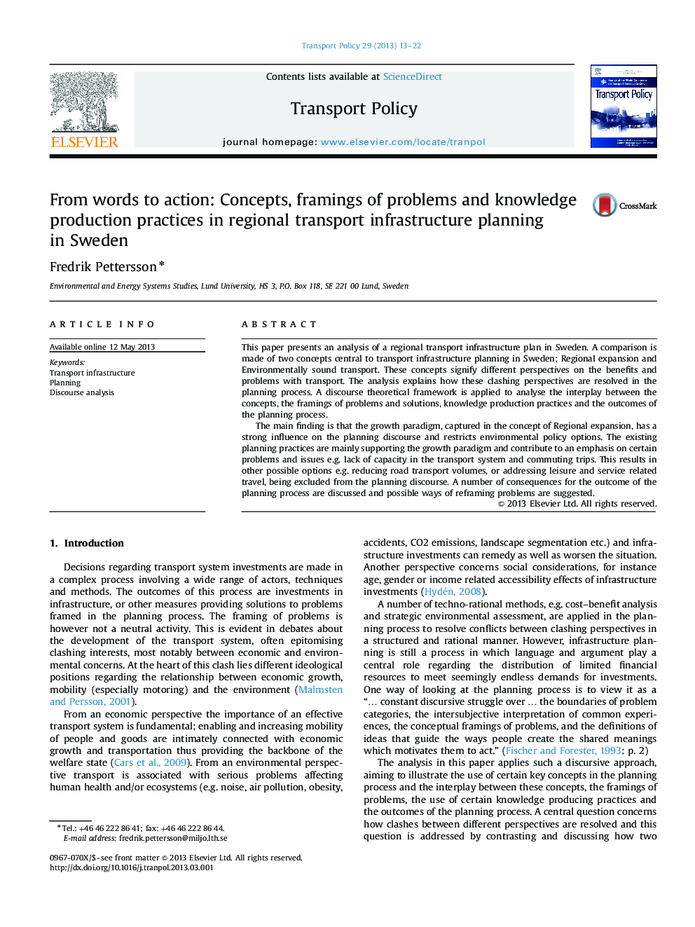 From words to action: Concepts, framings of problems and knowledge production practices in regional transport infrastructure planning in Sweden