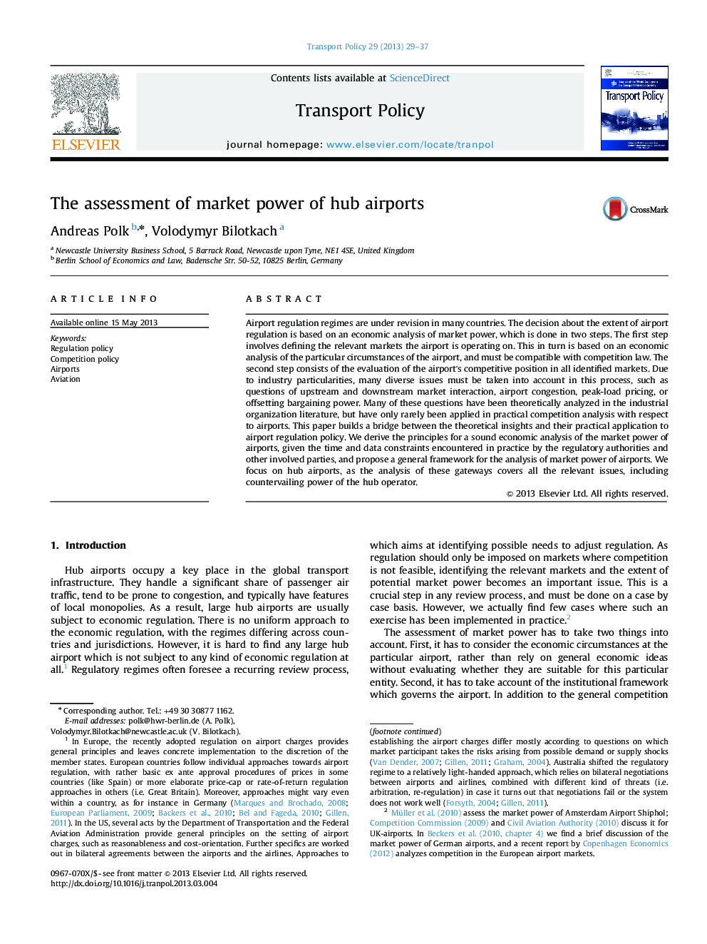 The assessment of market power of hub airports