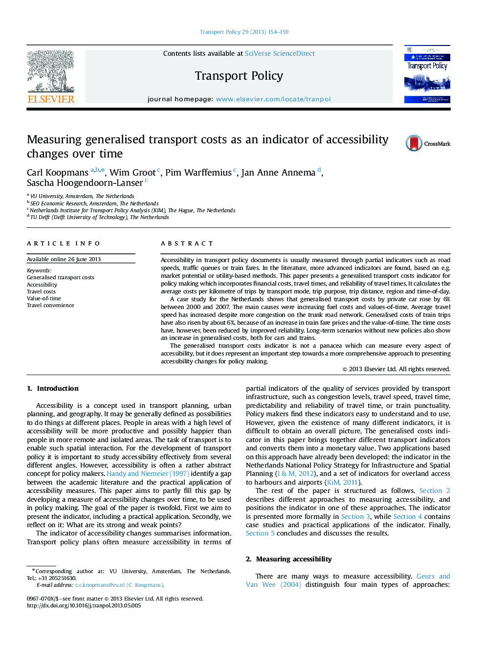 Measuring generalised transport costs as an indicator of accessibility changes over time