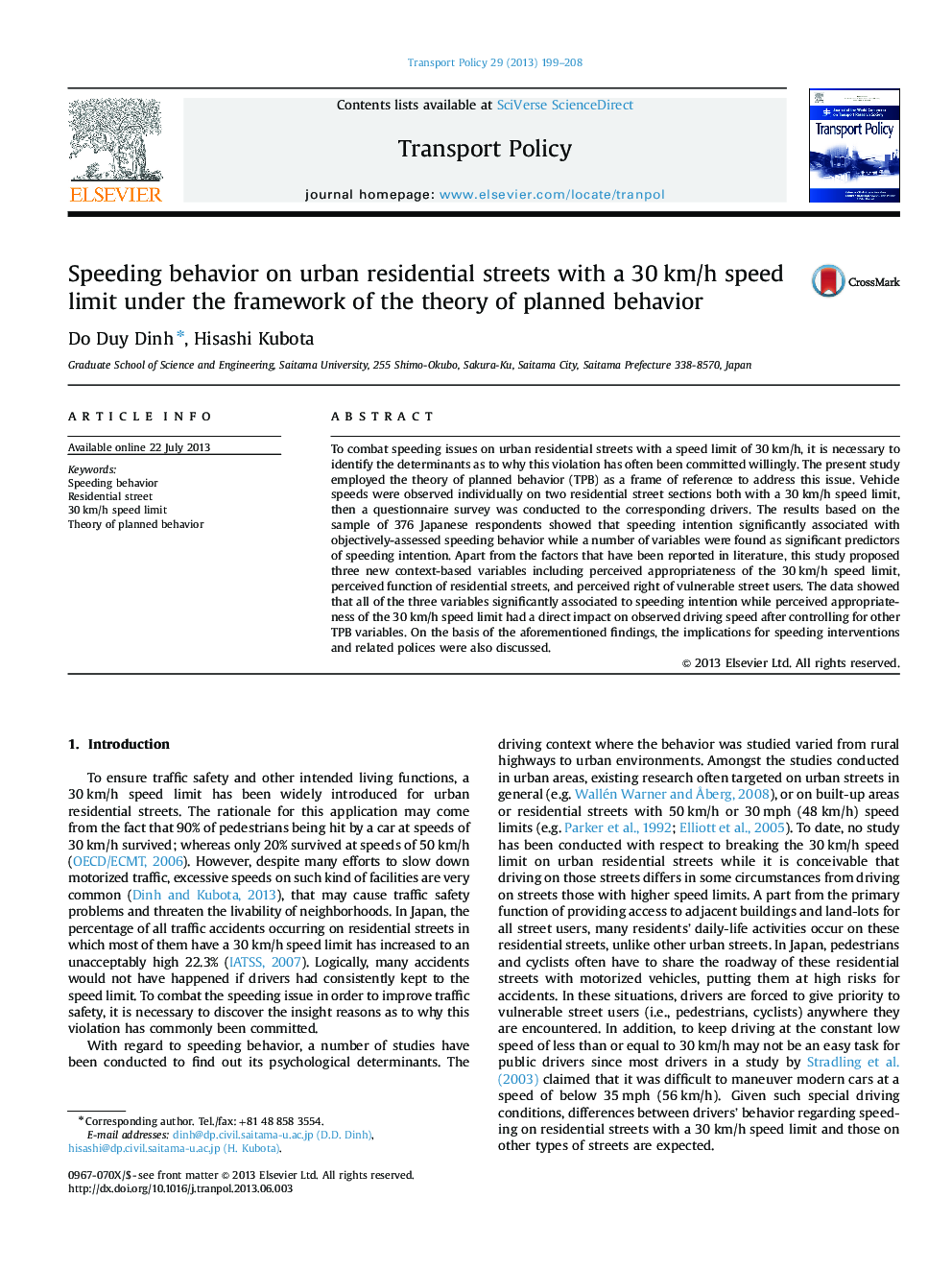 Speeding behavior on urban residential streets with a 30 km/h speed limit under the framework of the theory of planned behavior