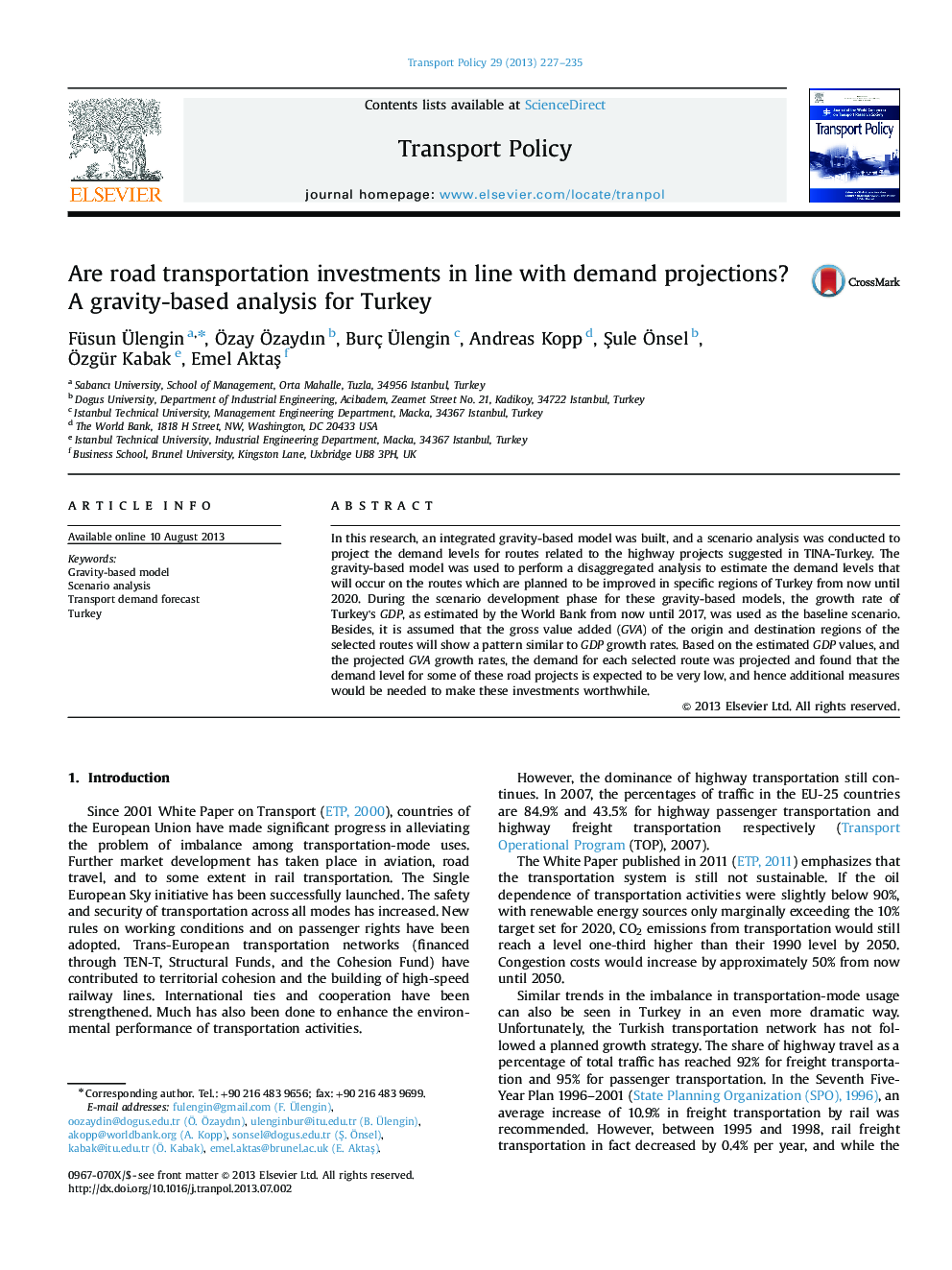 Are road transportation investments in line with demand projections? A gravity-based analysis for Turkey