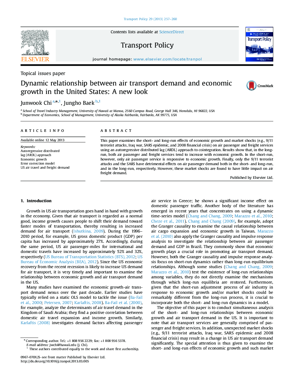 Dynamic relationship between air transport demand and economic growth in the United States: A new look