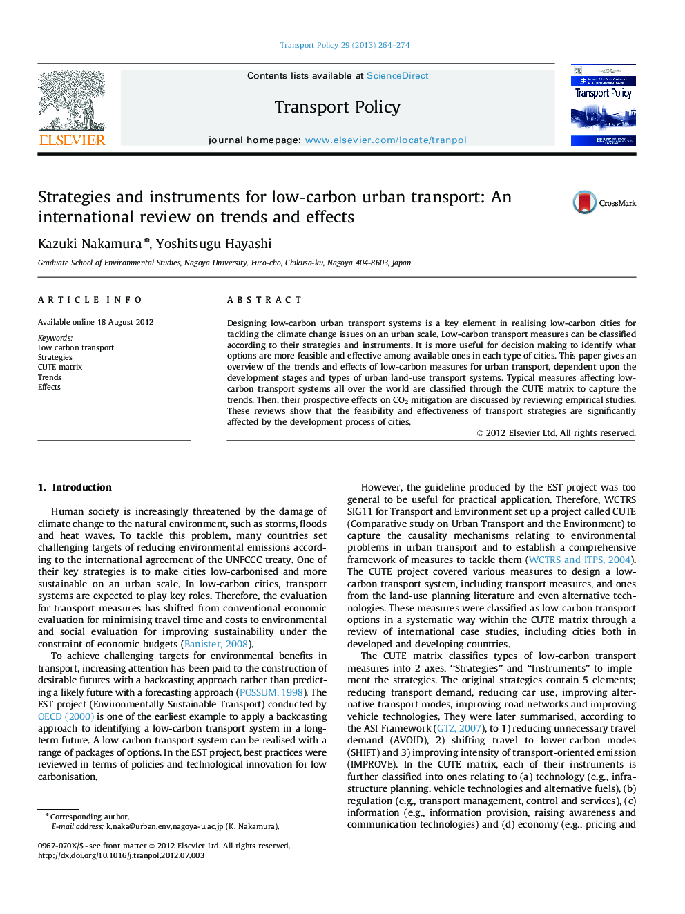 Strategies and instruments for low-carbon urban transport: An international review on trends and effects