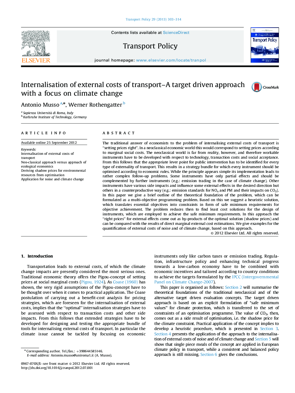 Internalisation of external costs of transport–A target driven approach with a focus on climate change