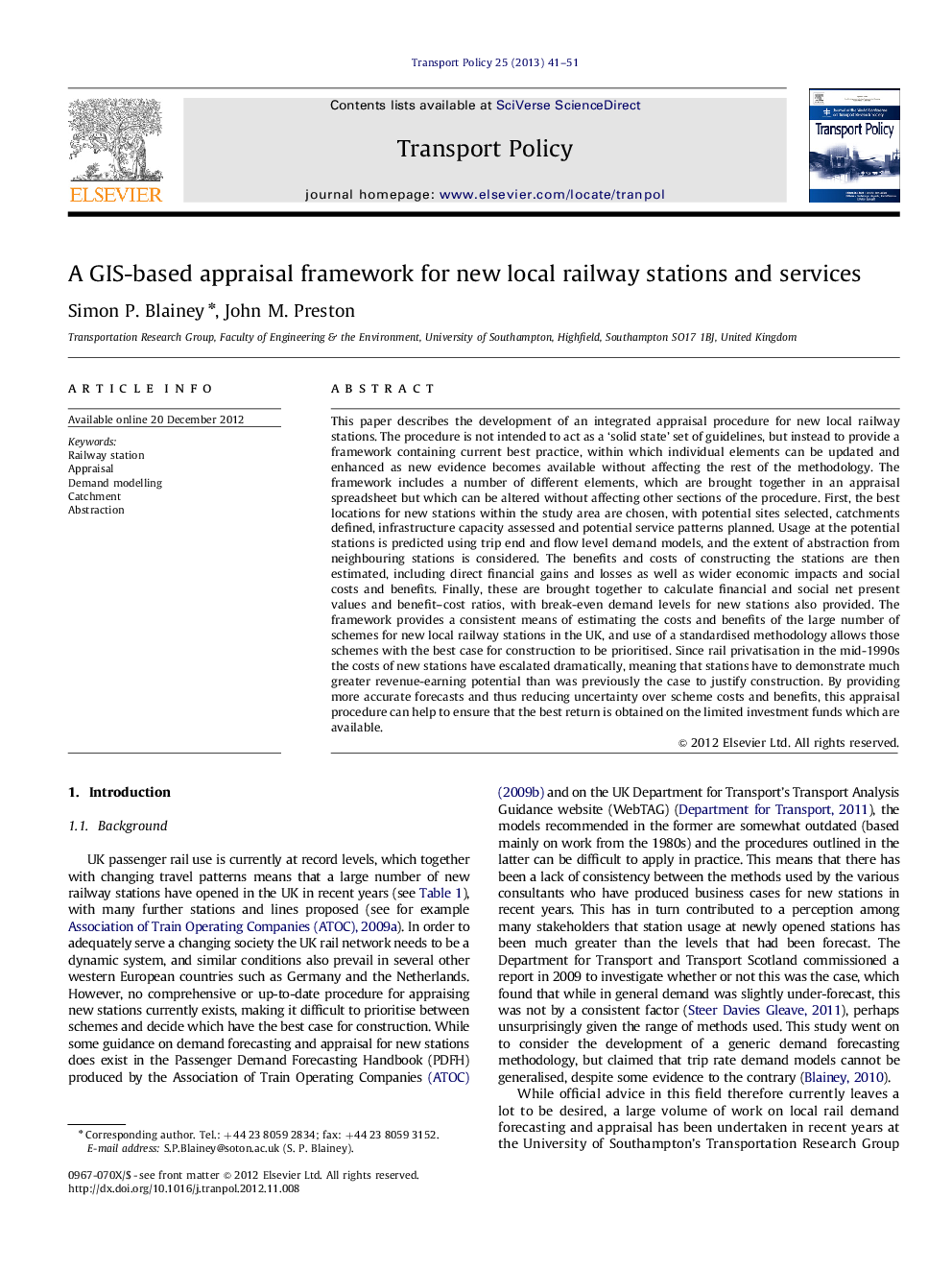 A GIS-based appraisal framework for new local railway stations and services