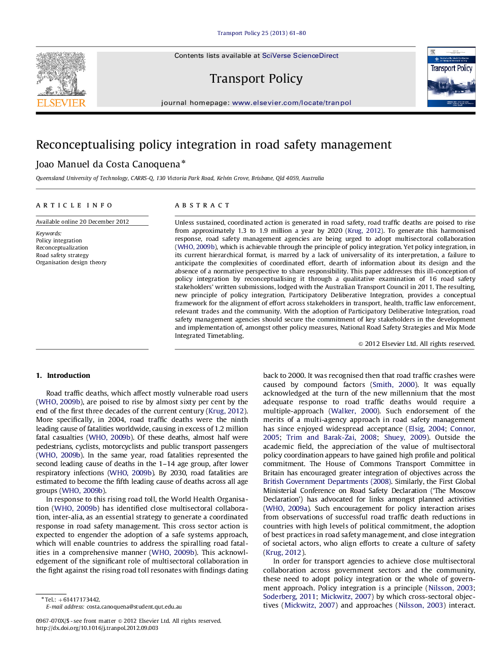 Reconceptualising policy integration in road safety management