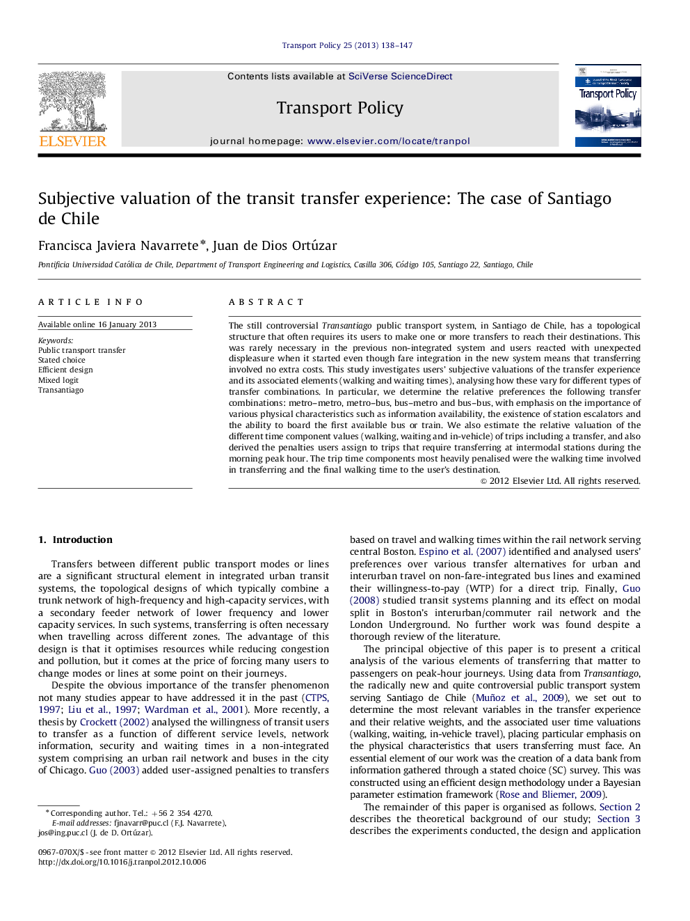 عکس صفحه اول مقاله: Subjective valuation of the transit transfer experience: The case of Santiago de Chile Subjective valuation of the transit transfer experience: The case of Santiago de Chile