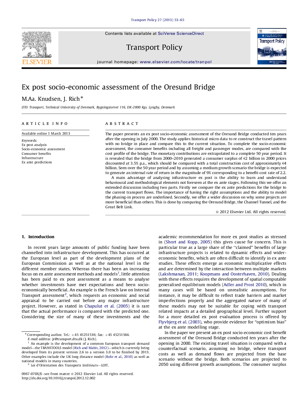 Ex post socio-economic assessment of the Oresund Bridge