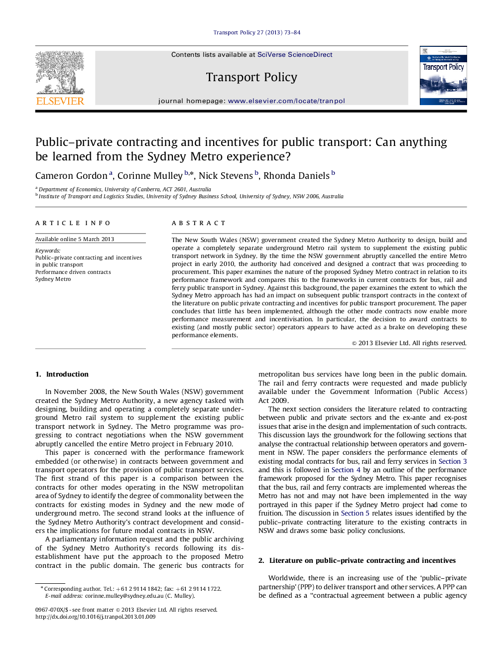 Public–private contracting and incentives for public transport: Can anything be learned from the Sydney Metro experience?