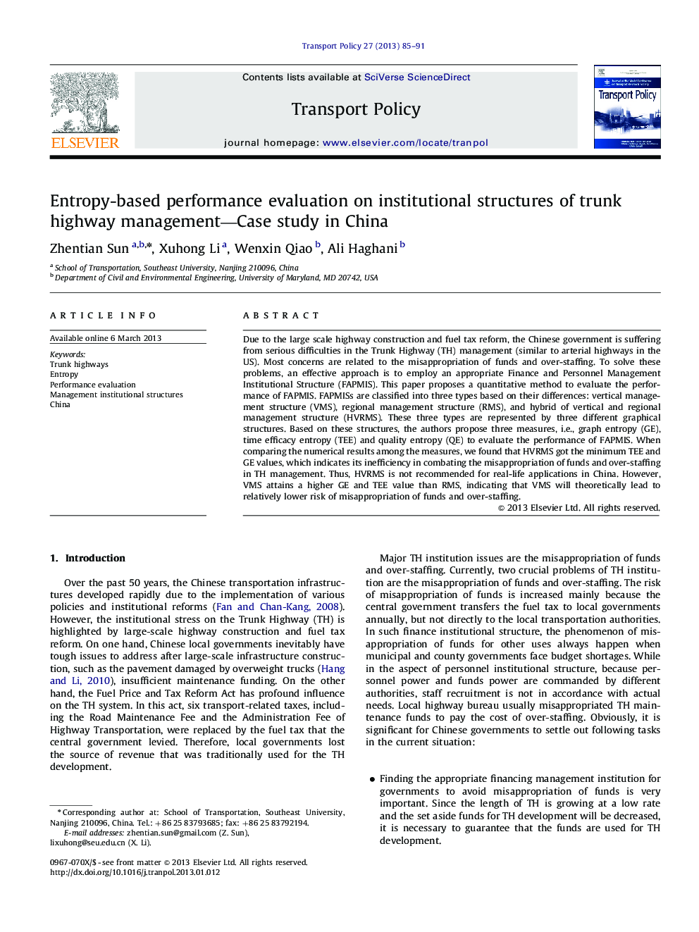 Entropy-based performance evaluation on institutional structures of trunk highway management-Case study in China