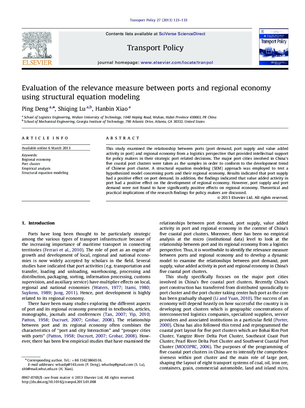 Evaluation of the relevance measure between ports and regional economy using structural equation modeling