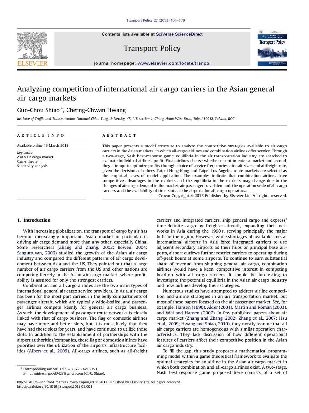 Analyzing competition of international air cargo carriers in the Asian general air cargo markets