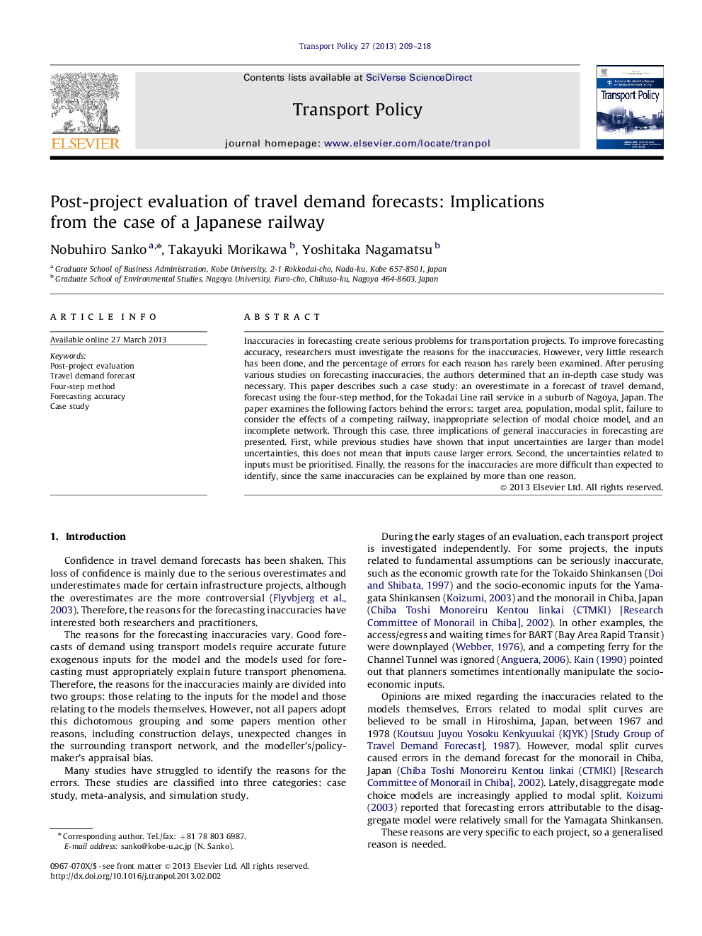 Post-project evaluation of travel demand forecasts: Implications from the case of a Japanese railway