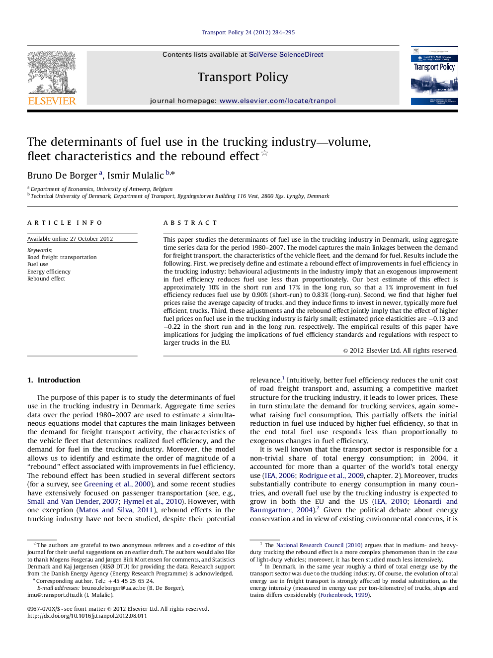عکس صفحه اول مقاله: The determinants of fuel use in the trucking industry—volume, fleet characteristics and the rebound effect The determinants of fuel use in the trucking industry—volume, fleet characteristics and the rebound effect