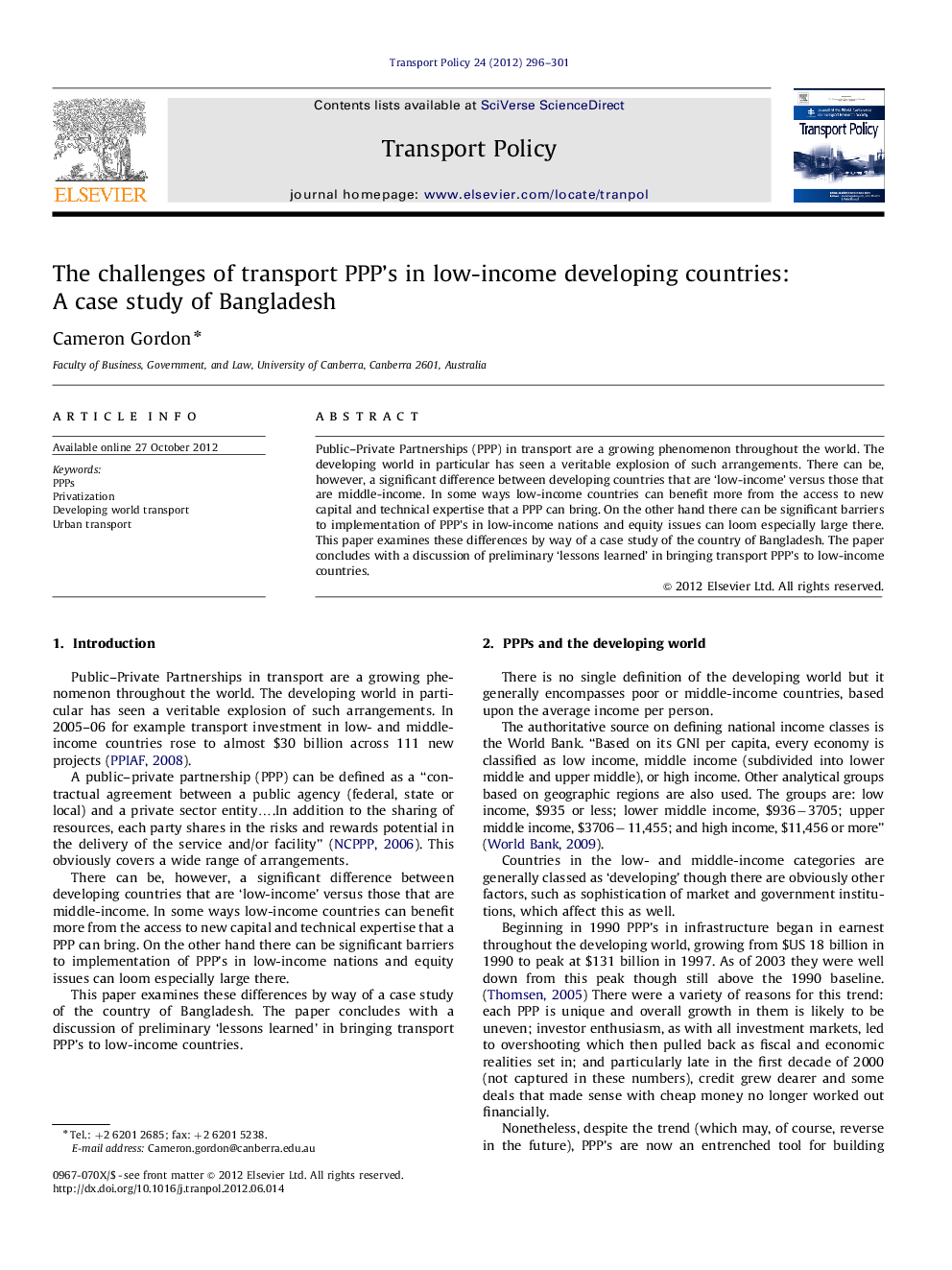 The challenges of transport PPP's in low-income developing countries: A case study of Bangladesh