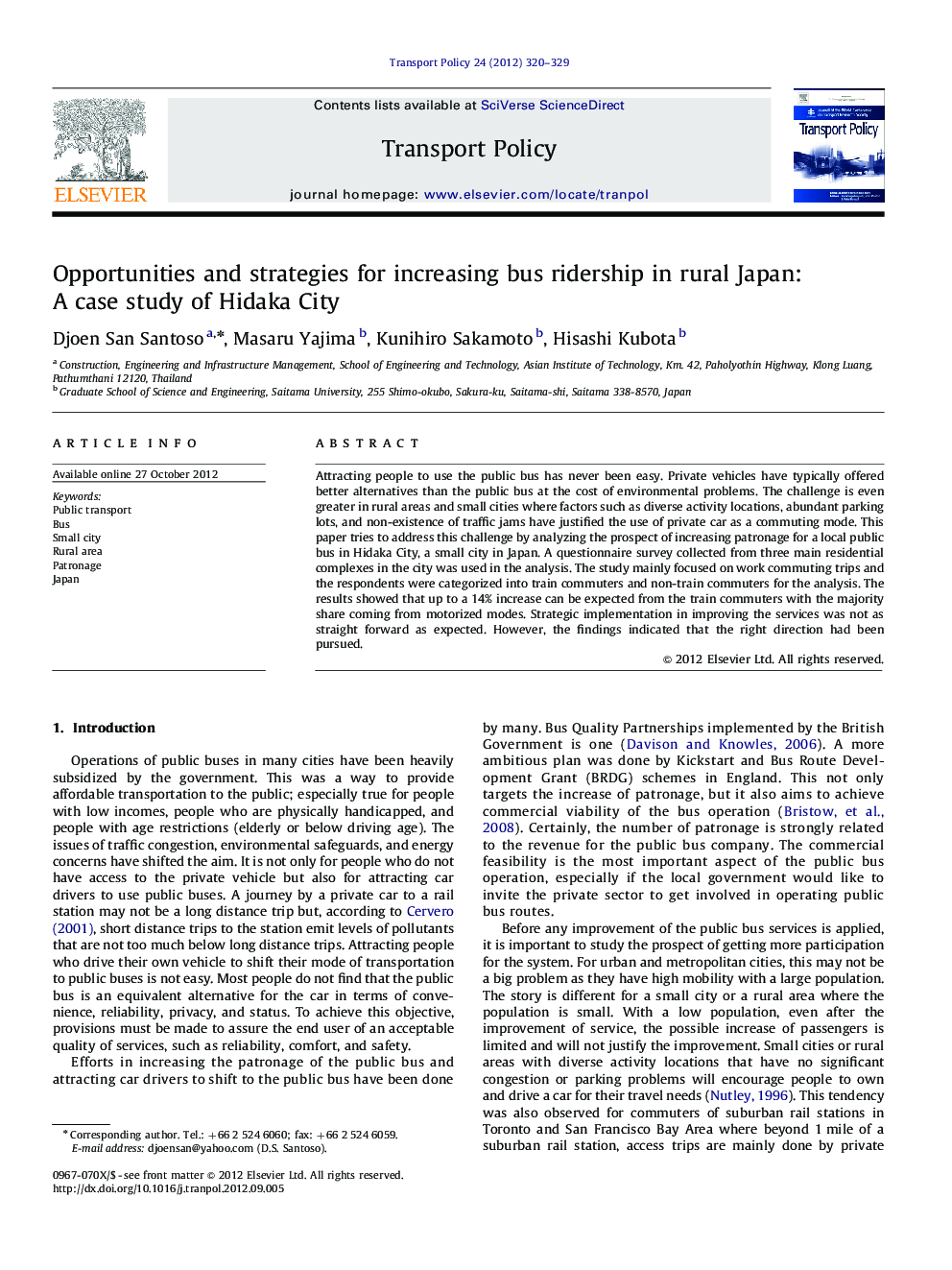 Opportunities and strategies for increasing bus ridership in rural Japan: A case study of Hidaka City