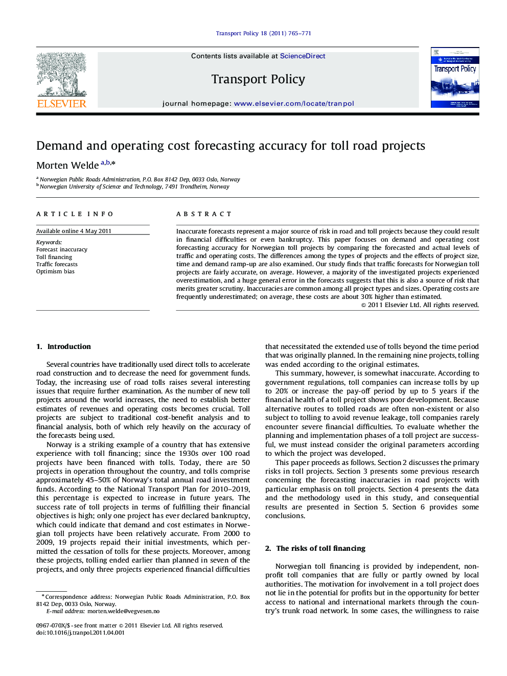 Demand and operating cost forecasting accuracy for toll road projects