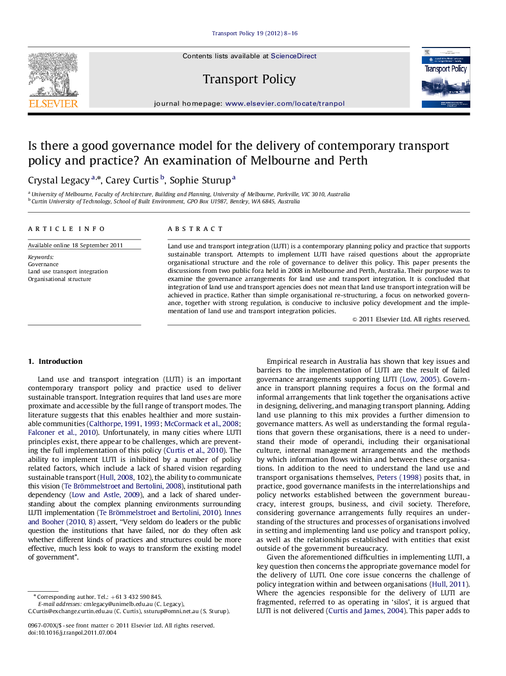 Is there a good governance model for the delivery of contemporary transport policy and practice? An examination of Melbourne and Perth