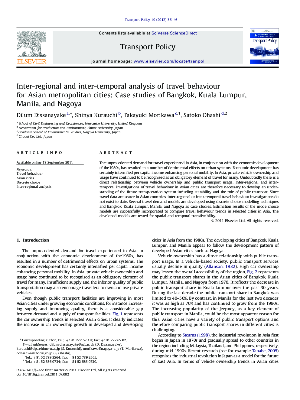 Inter-regional and inter-temporal analysis of travel behaviour for Asian metropolitan cities: Case studies of Bangkok, Kuala Lumpur, Manila, and Nagoya
