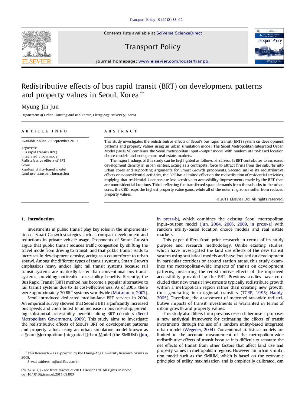 Redistributive effects of bus rapid transit (BRT) on development patterns and property values in Seoul, Korea 