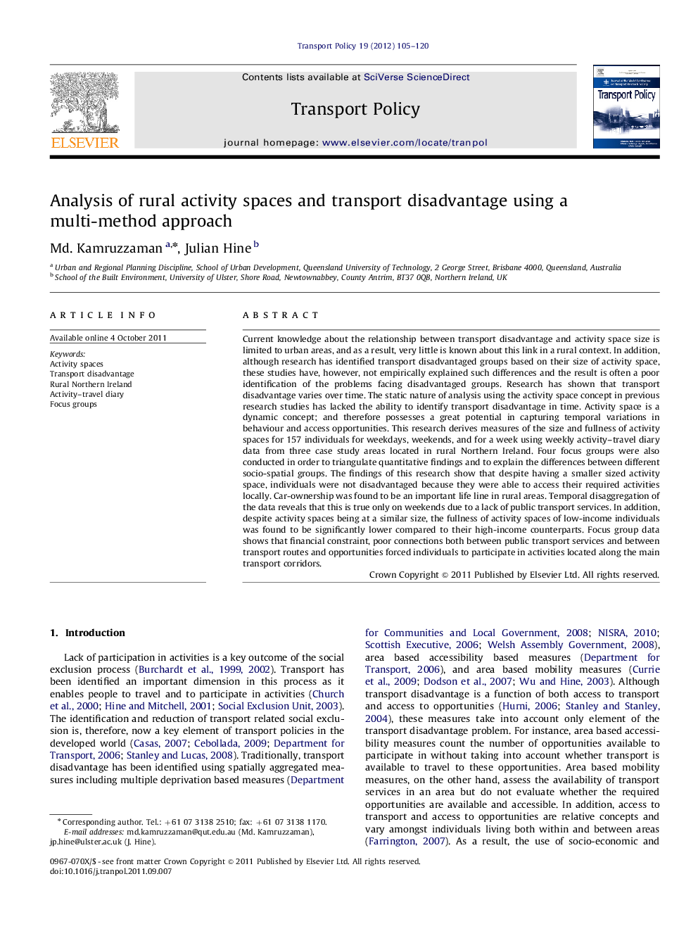 Analysis of rural activity spaces and transport disadvantage using a multi-method approach