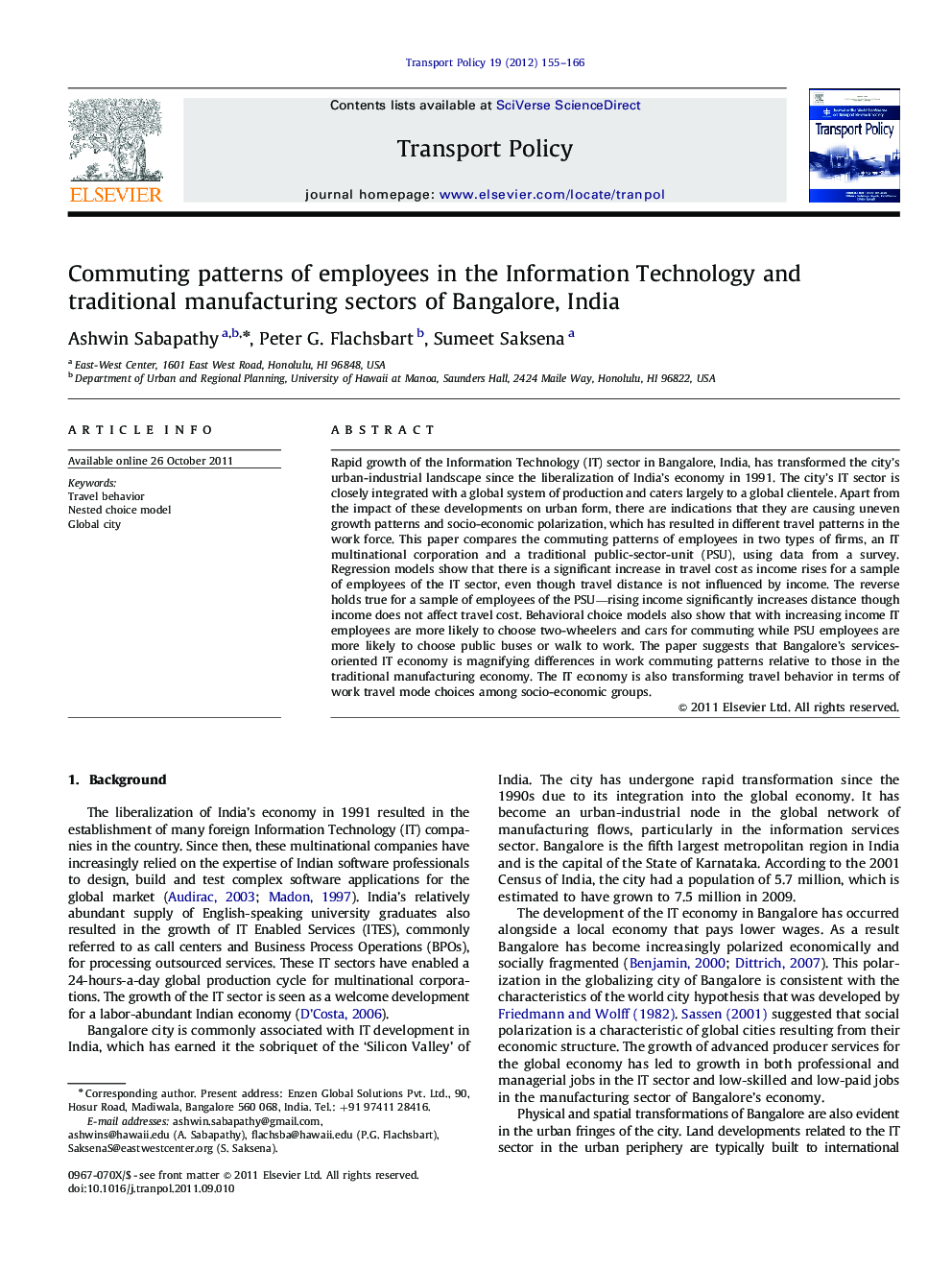 Commuting patterns of employees in the Information Technology and traditional manufacturing sectors of Bangalore, India