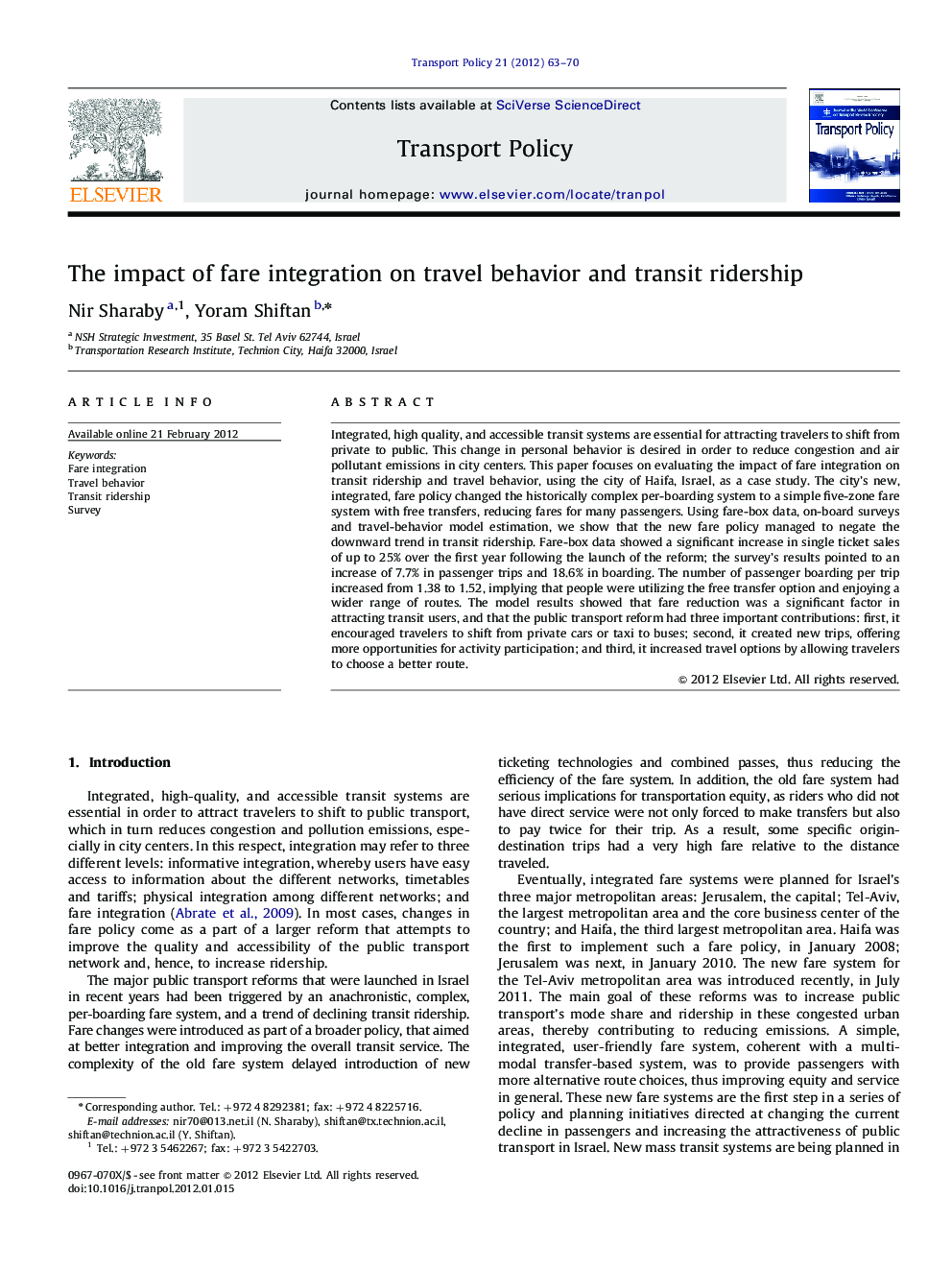 The impact of fare integration on travel behavior and transit ridership