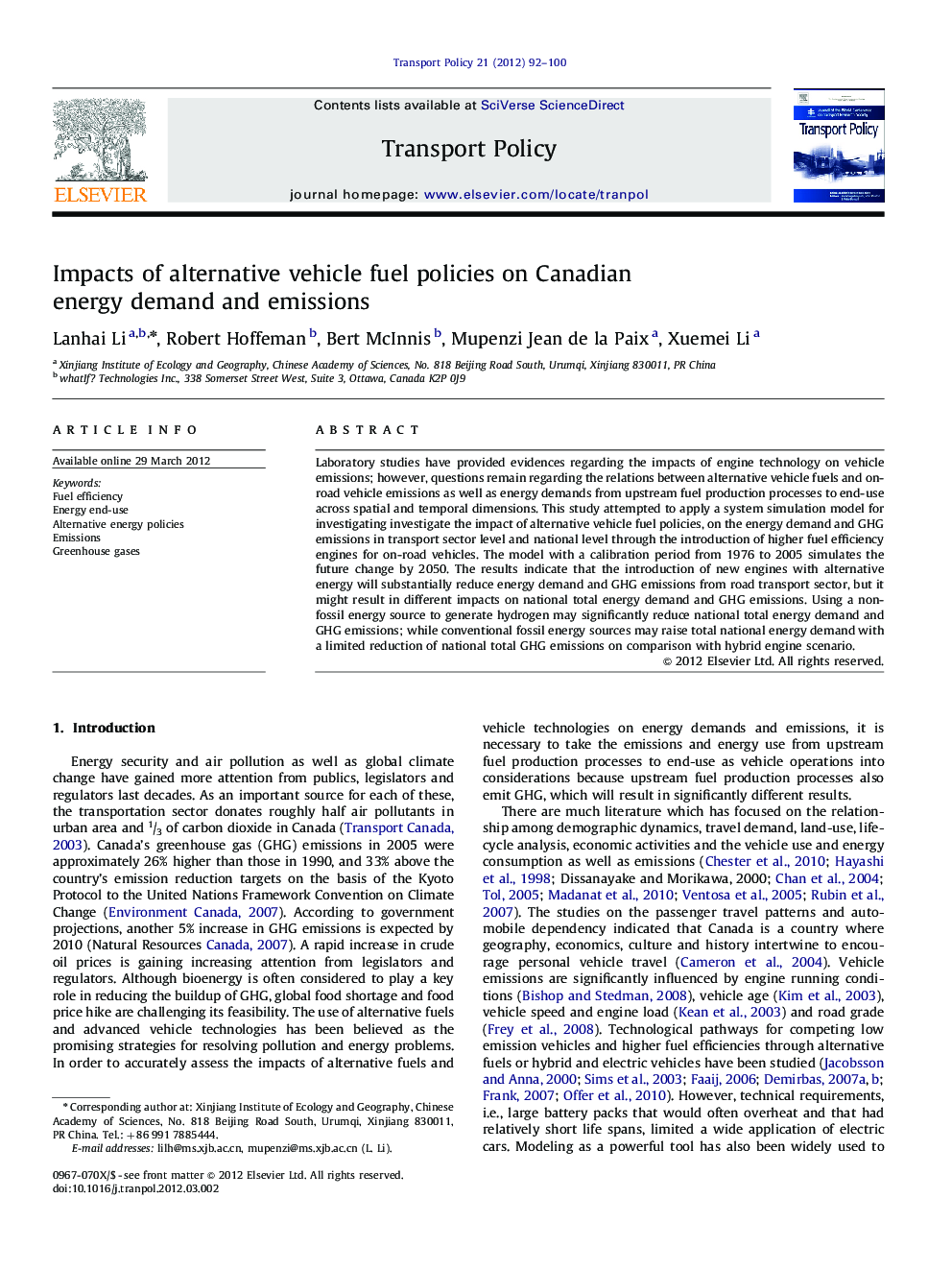 Impacts of alternative vehicle fuel policies on Canadian energy demand and emissions