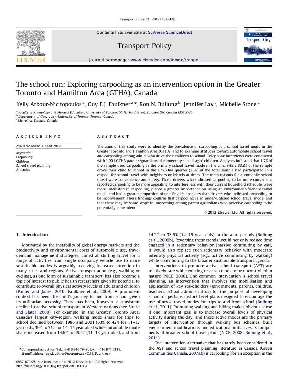 The school run: Exploring carpooling as an intervention option in the Greater Toronto and Hamilton Area (GTHA), Canada