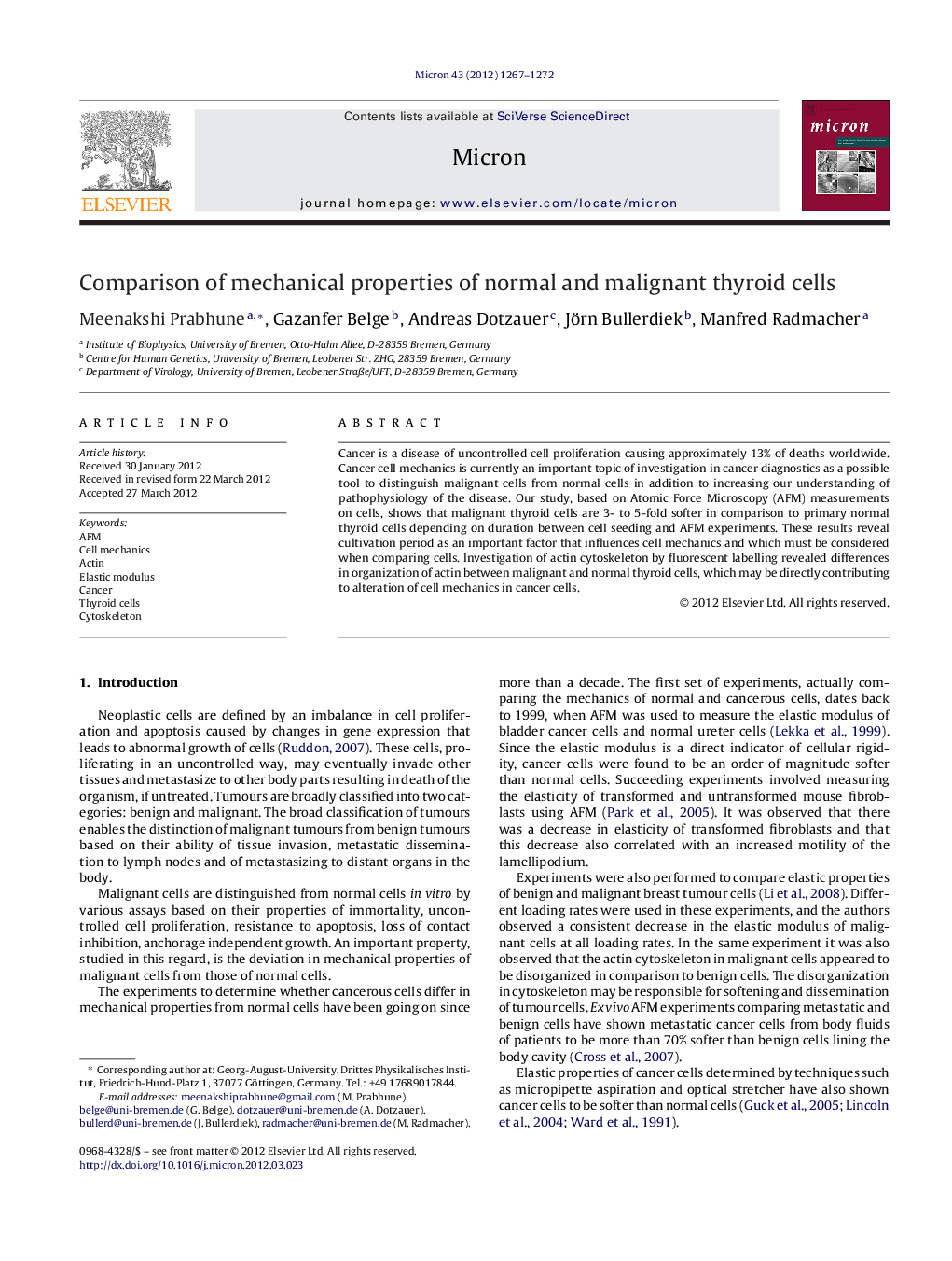 Comparison of mechanical properties of normal and malignant thyroid cells