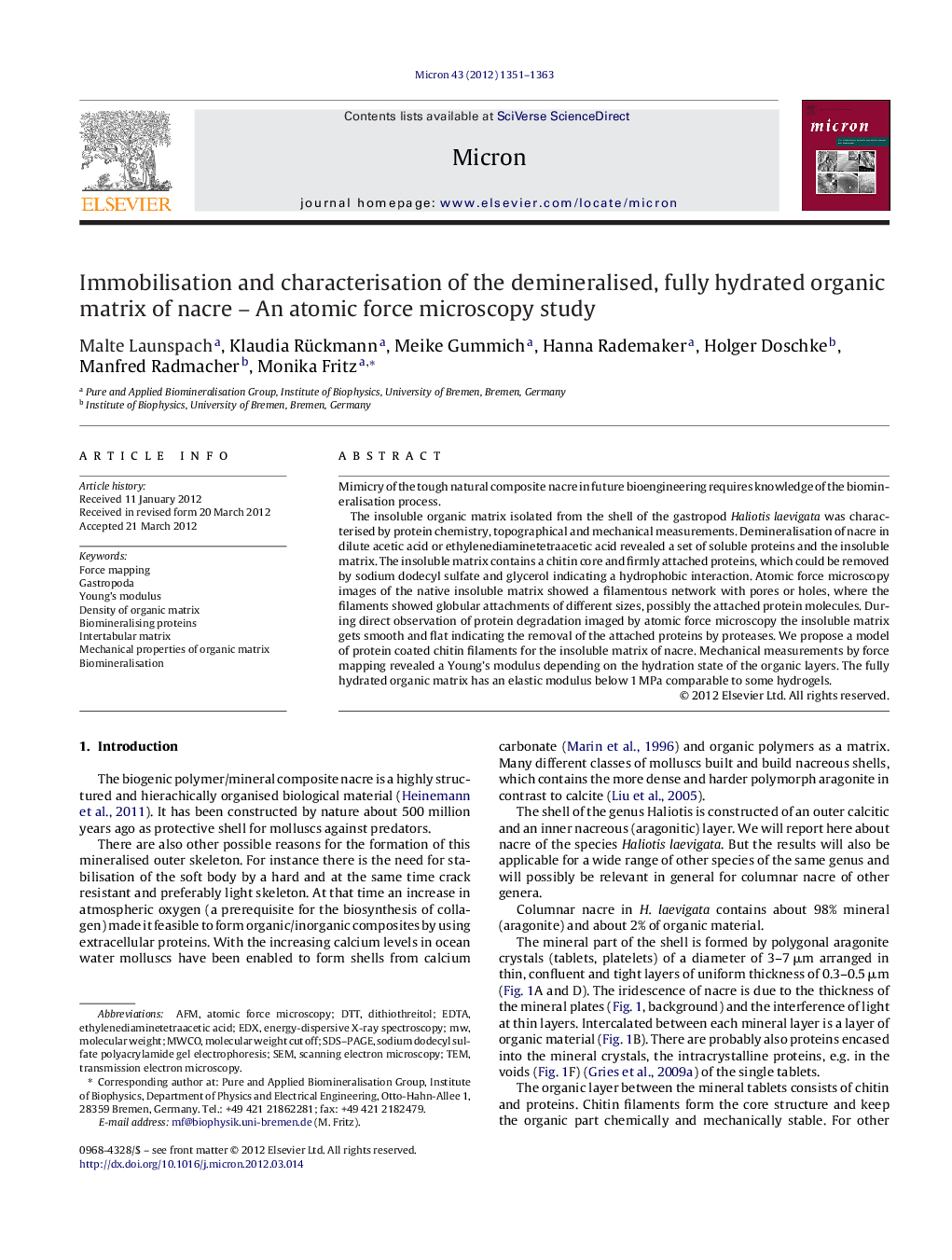 Immobilisation and characterisation of the demineralised, fully hydrated organic matrix of nacre - An atomic force microscopy study