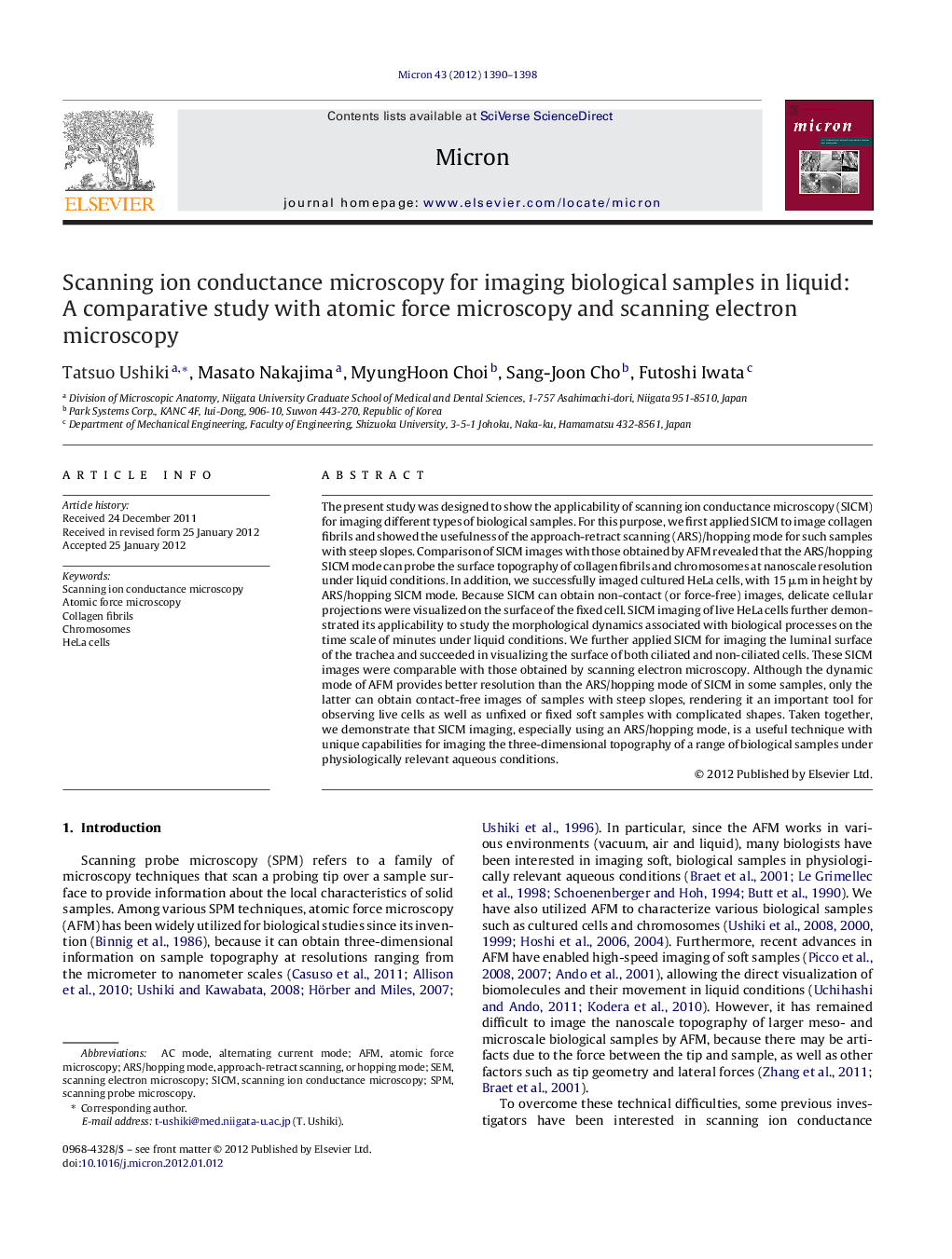 عکس صفحه اول مقاله: Scanning ion conductance microscopy for imaging biological samples in liquid: A comparative study with atomic force microscopy and scanning electron microscopy Scanning ion conductance microscopy for imaging biological samples in liquid: A comparative study with atomic force microscopy and scanning electron microscopy