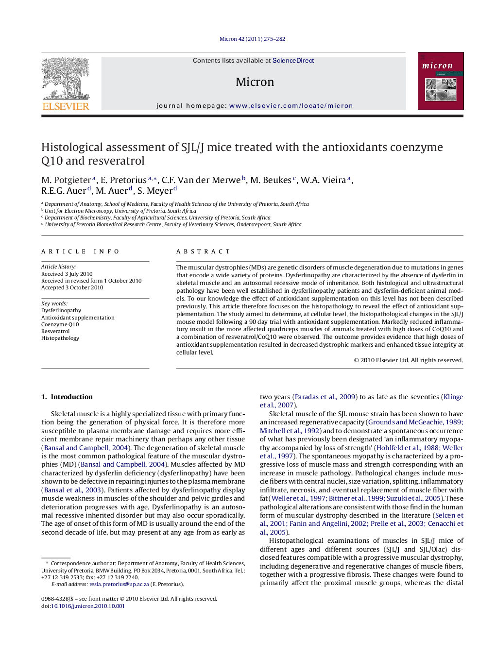 Histological assessment of SJL/J mice treated with the antioxidants coenzyme Q10 and resveratrol